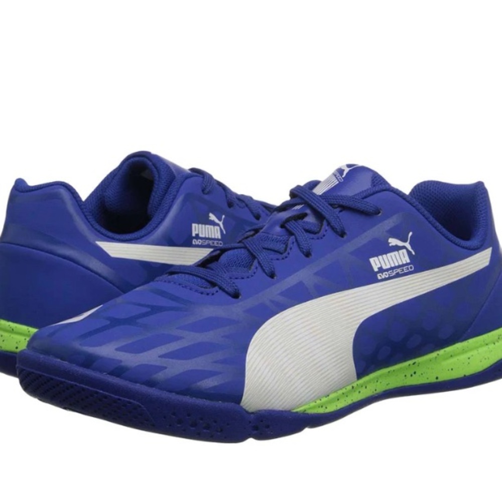 Puma evoSpeed Kids Soccer Shoes electric Blue, Green and White size 5